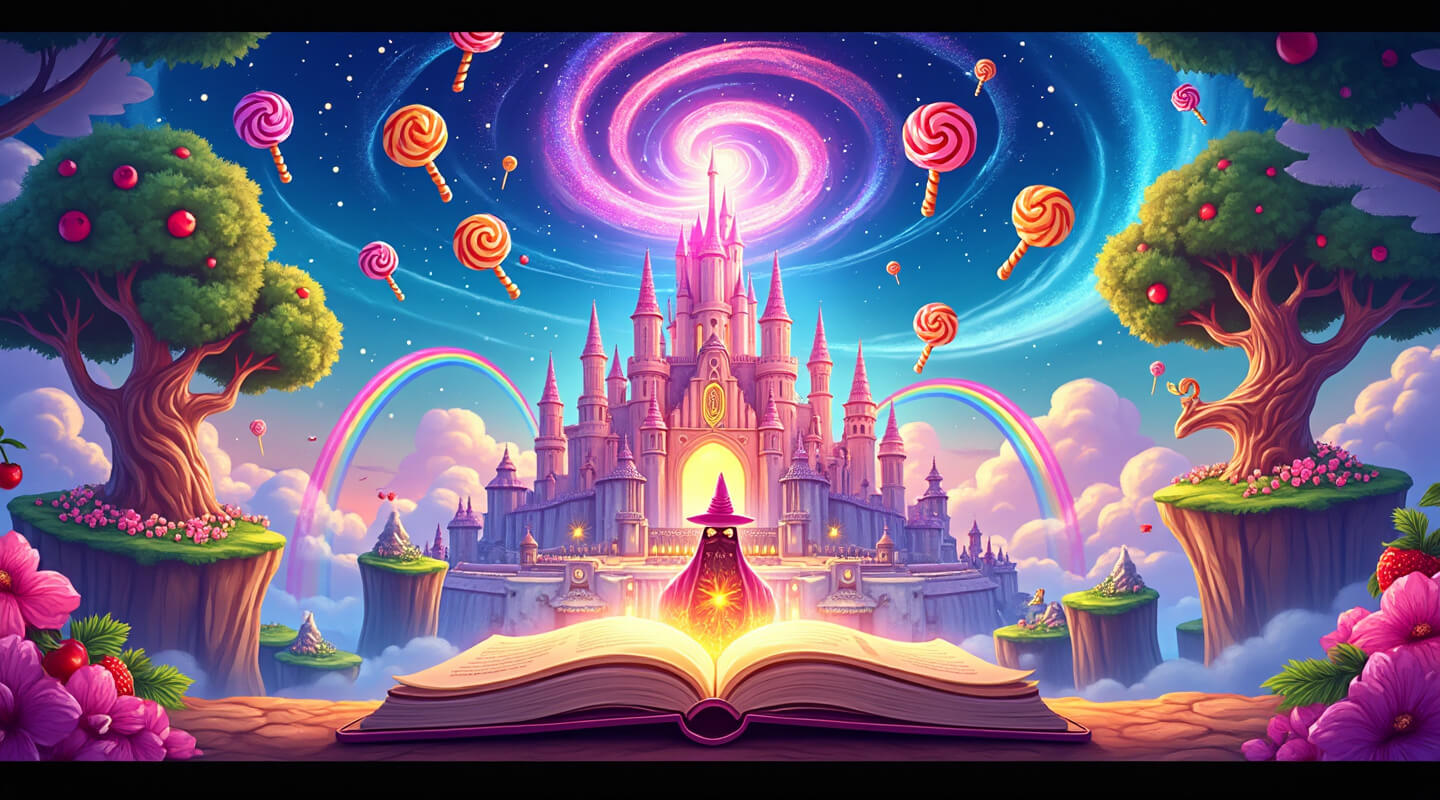 Enchanting candy kingdom storybook scene with magical castle, floating islands, and ancient candy trees