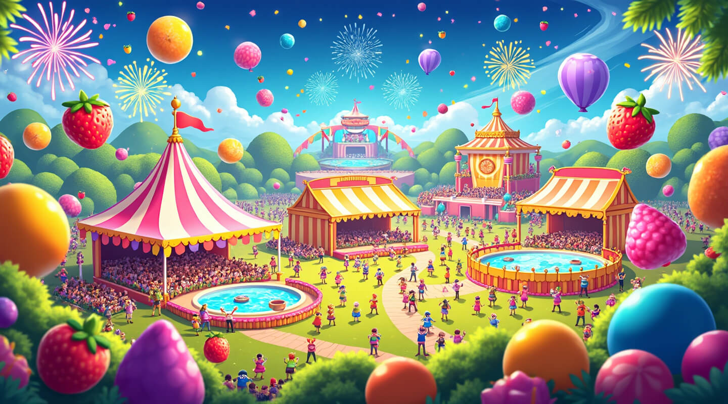Vibrant festival scene with magical candy events, seasonal celebrations, and colorful carnival attractions