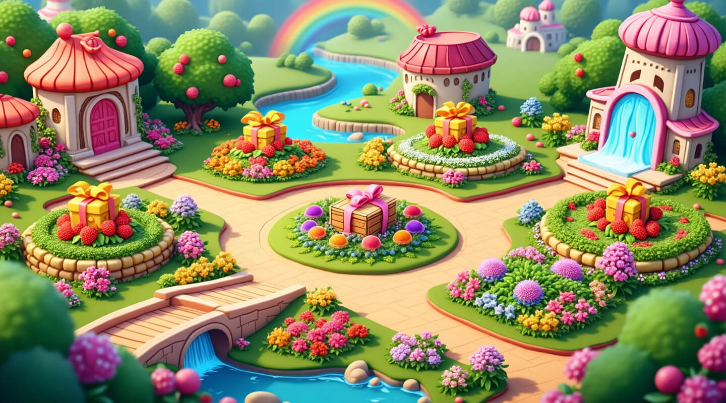 Dynamic showcase of game features including customizable gardens, social gameplay, and seasonal events in magical candy world