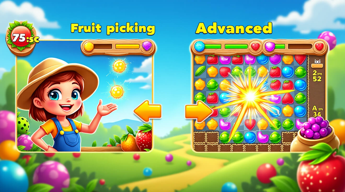 Vibrant gameplay tutorial scene showing candy harvest mechanisms, fruit collection, and magical tutorial fairy guides