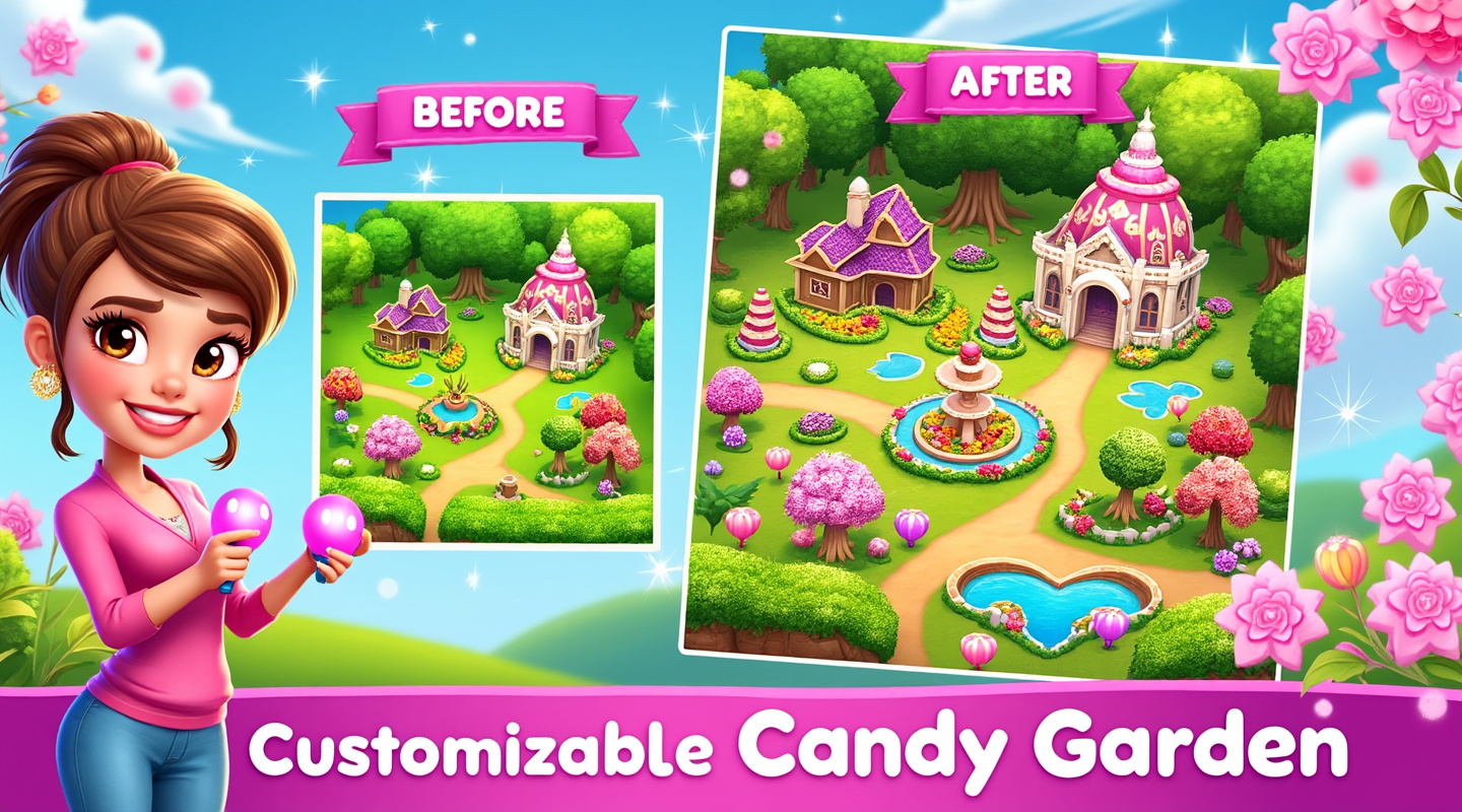 Customizable candy garden with various decorative elements, candy trees, and magical buildings