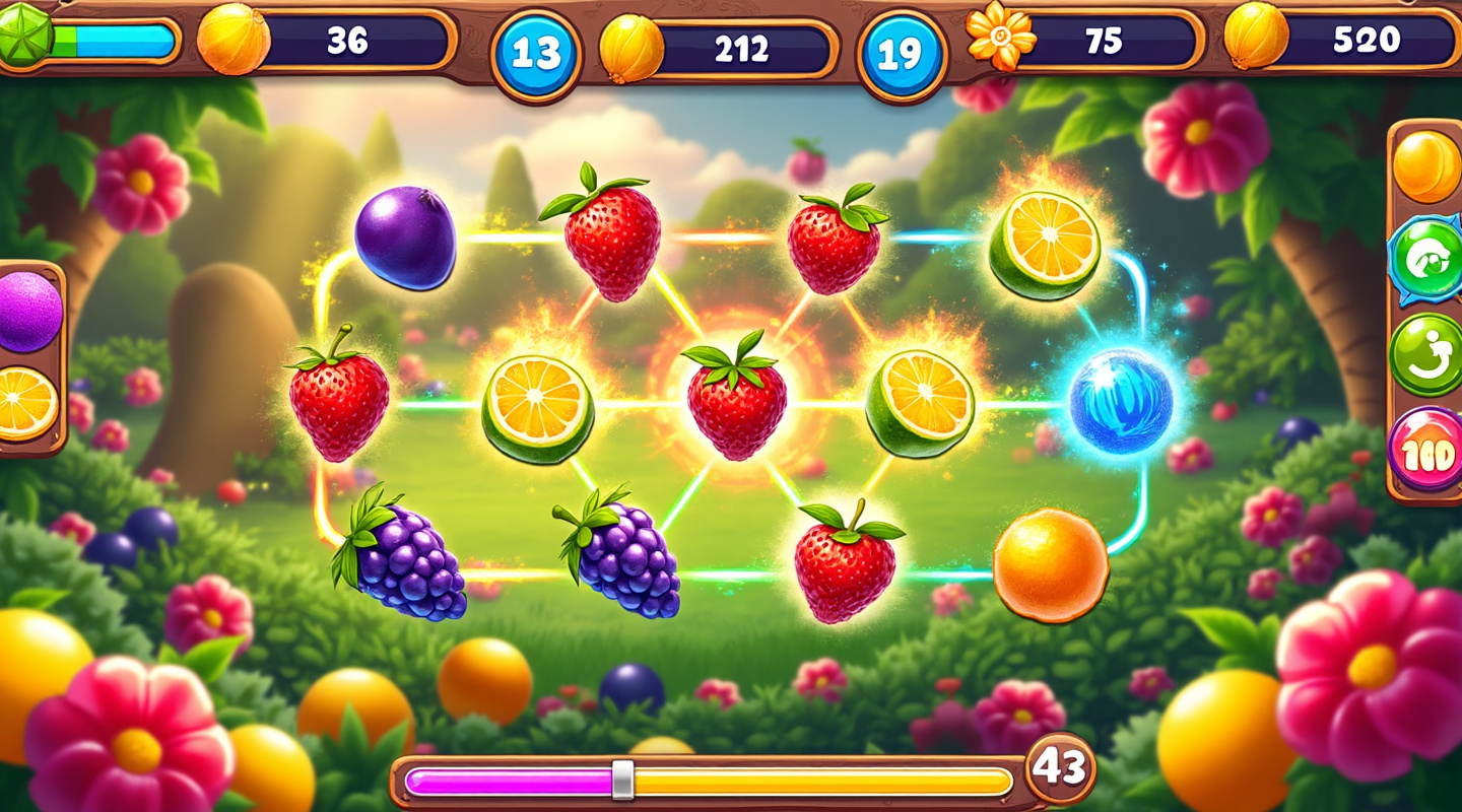 Dynamic fruit harvesting gameplay showing collection mechanics, combo chains, and scoring systems