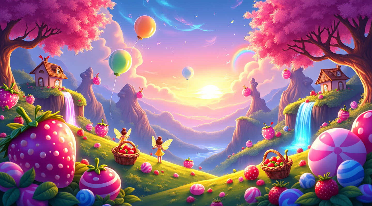 Magical candy harvest celebration with enchanted forests, shimmering fruits, and candy creatures in a vivid fantasy world