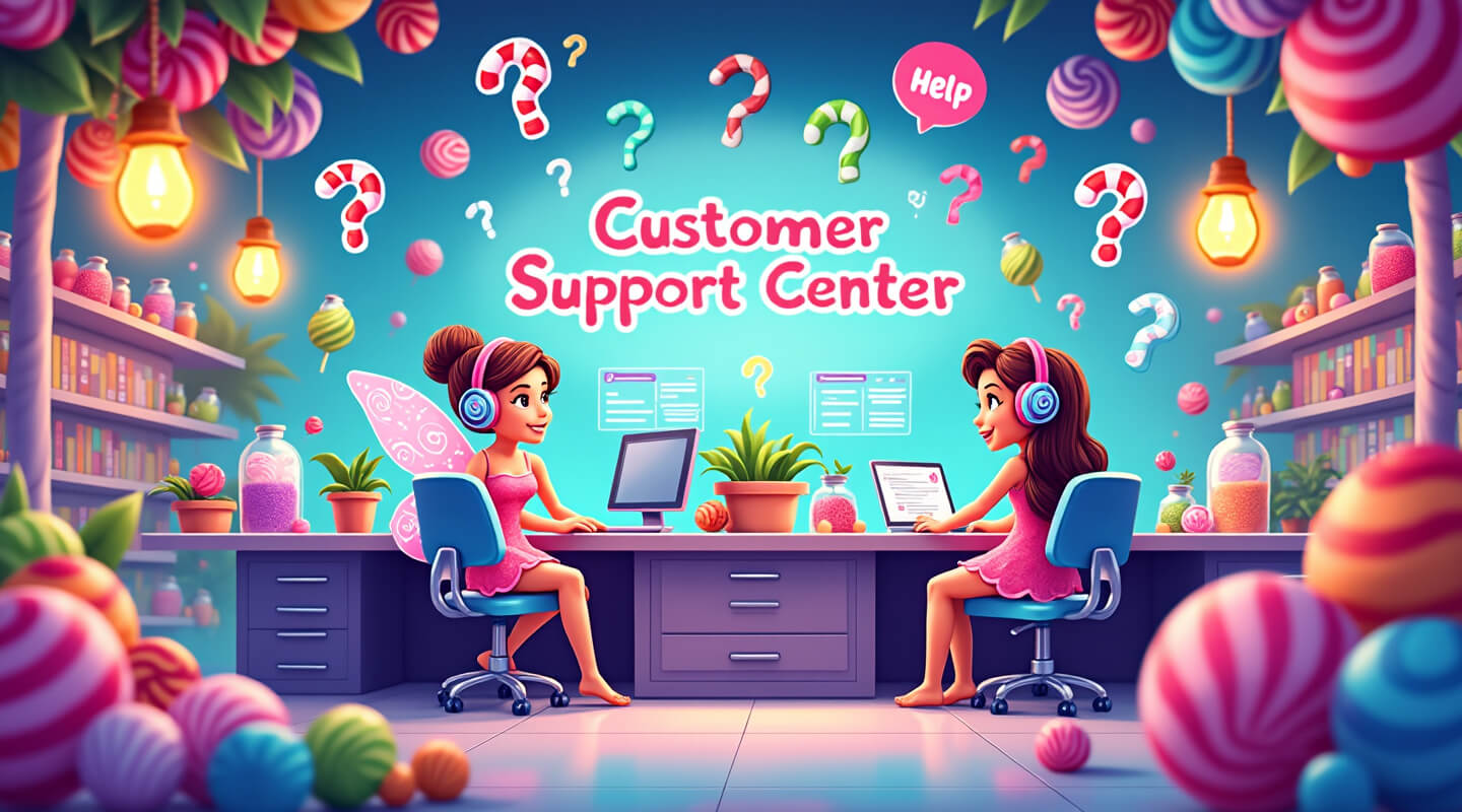Welcoming candy kingdom customer support center with friendly fairy representatives and magical help desk